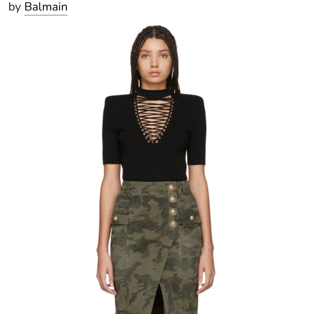 Balmain Paris Ribbed Lace Up Black Top with Shoulder Pads Size EU 34 US 0 B18